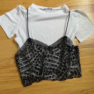 Zara White shirt with black embellished top